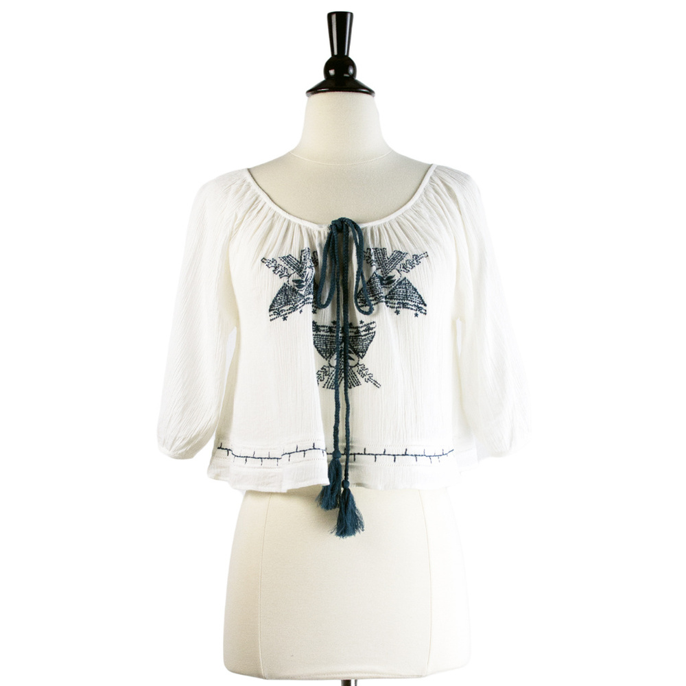 RAGA | White Cropped Embroidered Crinkled Cotton Blouse Bohemian, NWT